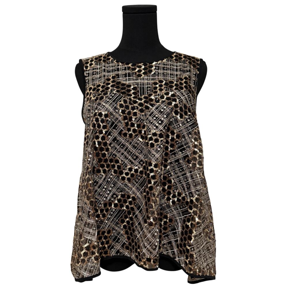 Milly Sequin Top Geometric Sequins A-Line Sleeveless Blouse Black & Gold Size 4